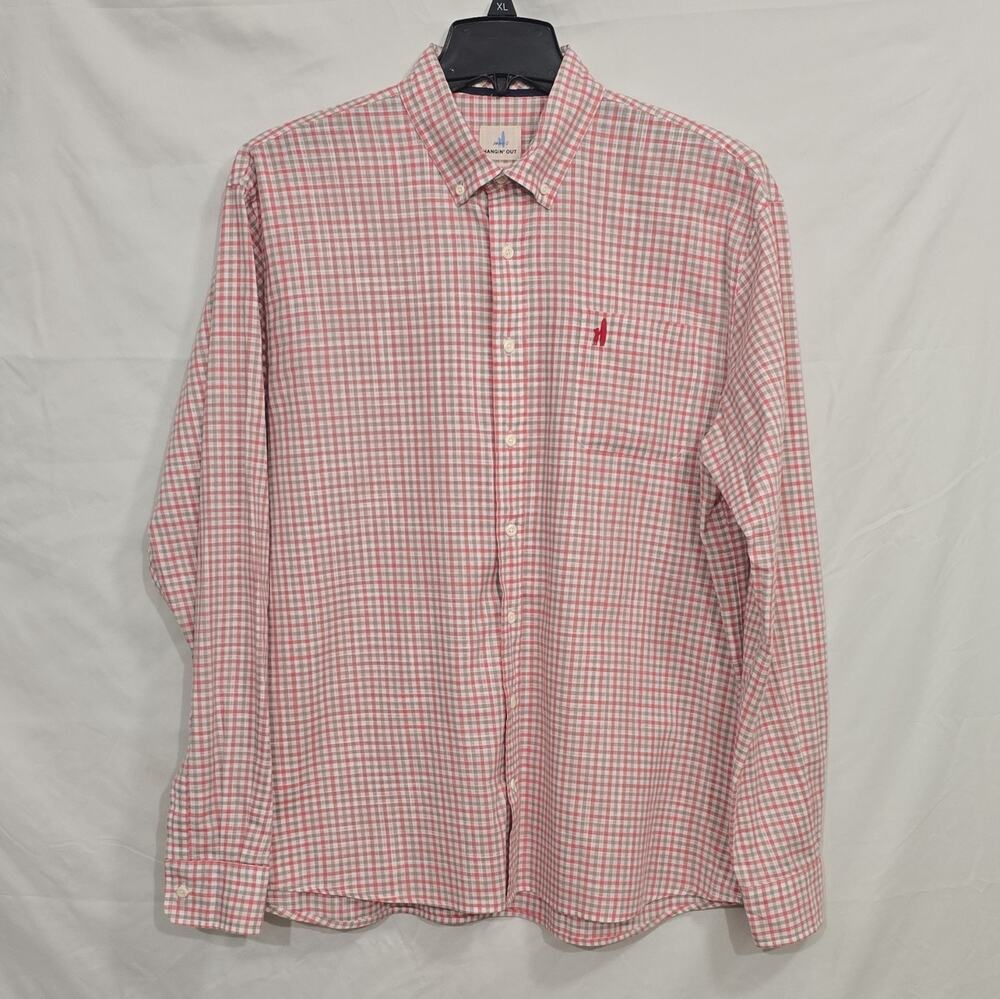 johnnie-O Hangin' Out Men's XL Pink Gray White Plaid Cotton Shirt Pockets